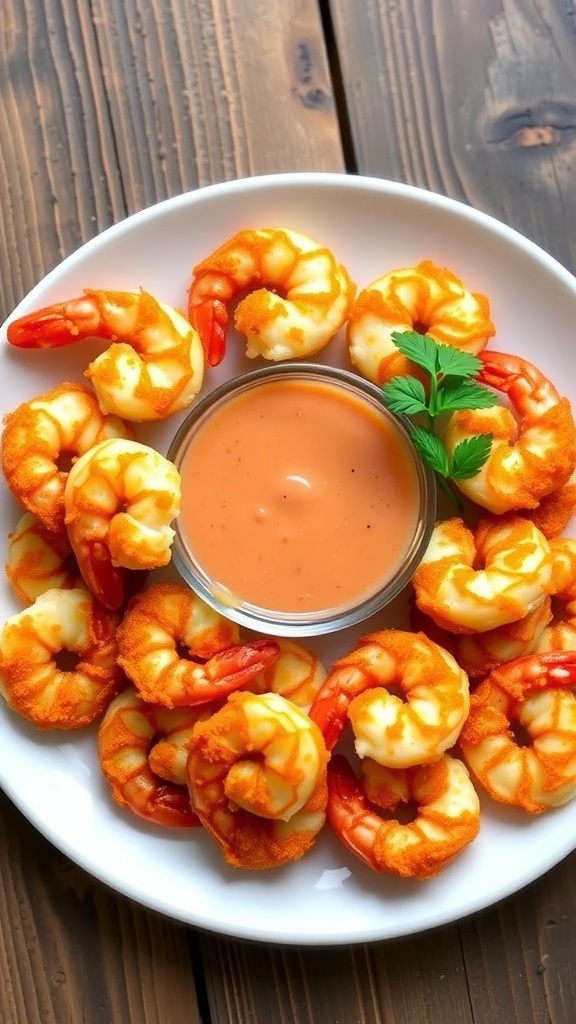 Crispy Air Fryer Shrimp Bites Recipe Crispy air fryer shrimp bites served with dipping sauce and garnished with parsley.